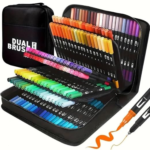 PROTON™ 100 Color Dual Tip Brush Pens Set with Carrying Case – Water-Based Marker Pens with Fine & Brush Tips – Non-Toxic Art Markers for Drawing, Coloring, Calligraphy, Bullet Journaling (1)
