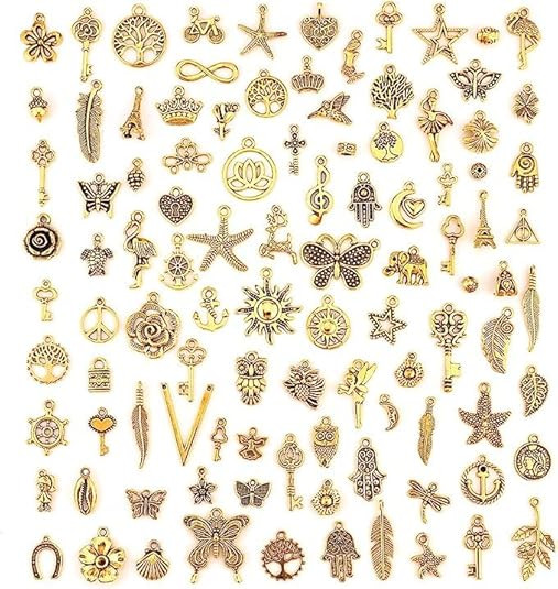 130 to 160 Pcs Random Design Wholesale Bulk Lots Gold Charm Mixed Tibetan Antique Golden Pendants DIY for Bracelet Necklace Jewelry Making and Crafting