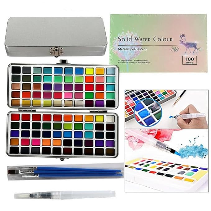 Portable Solid Water Color Paint Set 100 Colors Sketch Watercolor Palette Kit & Storage Case,Multicolour