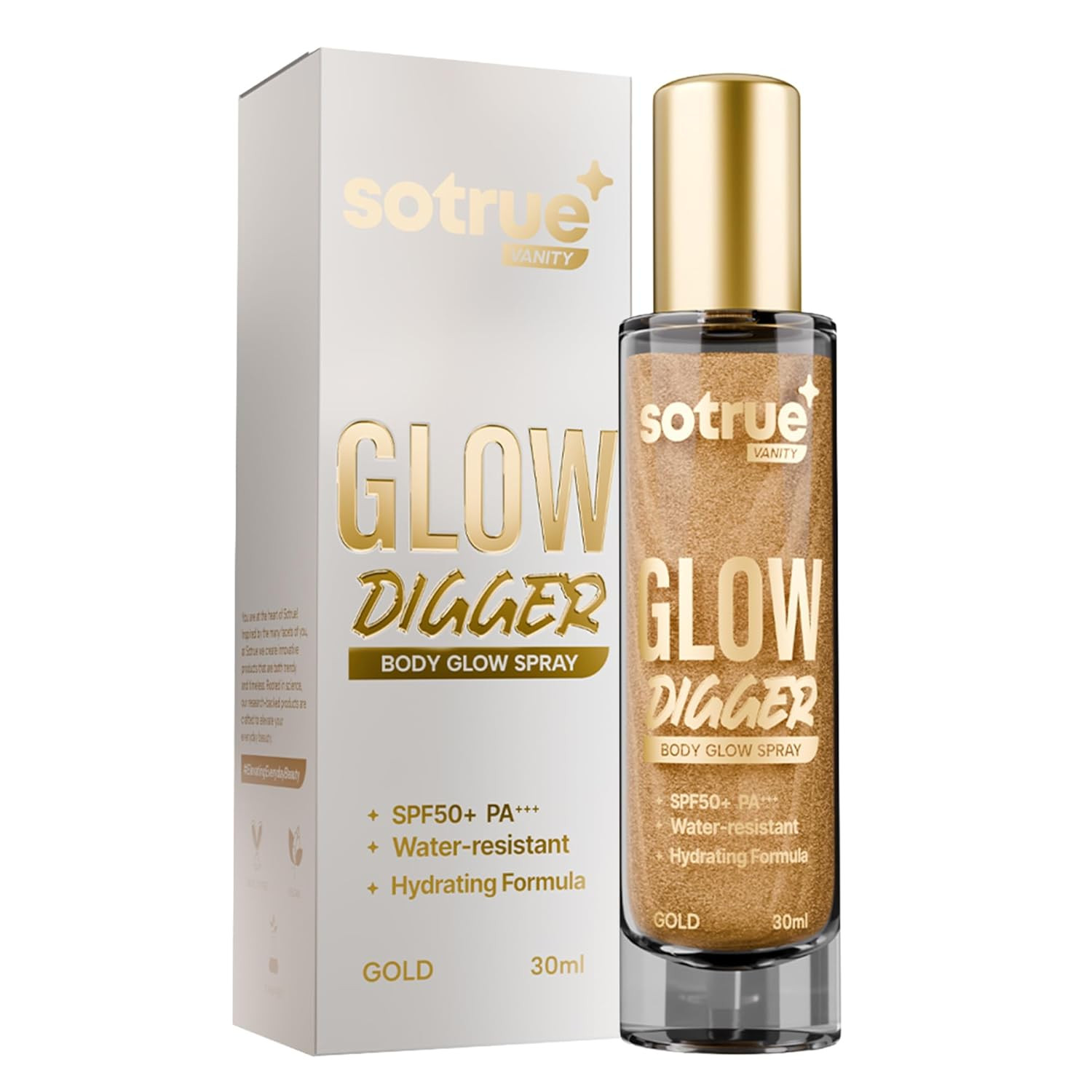 Sotrue Glow Digger Body Glow Spray | Pearlescent Gold Shimmer Mist for Radiant Skin | Lightweight, Waterproof & Non-Greasy Body Highlighter | Hydrating Body Makeup for Women