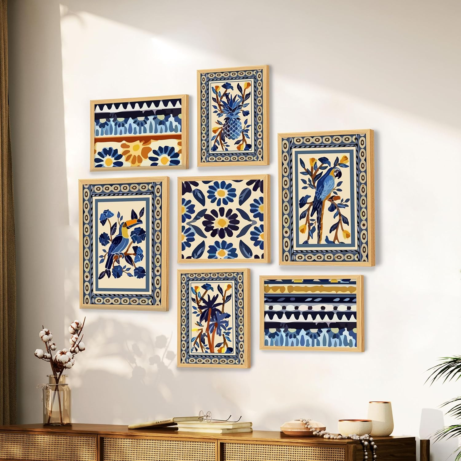 PAINTINGMANTRA Set of 7 Indian Wall Art Prints of Blue Birds with Flower Ritual theme Framed Vintage Poster for Home, Living room, Bathroom & Hotel Decor (Size: 9.3x12.7, 13x13 & 12.7x17.5 Inch)