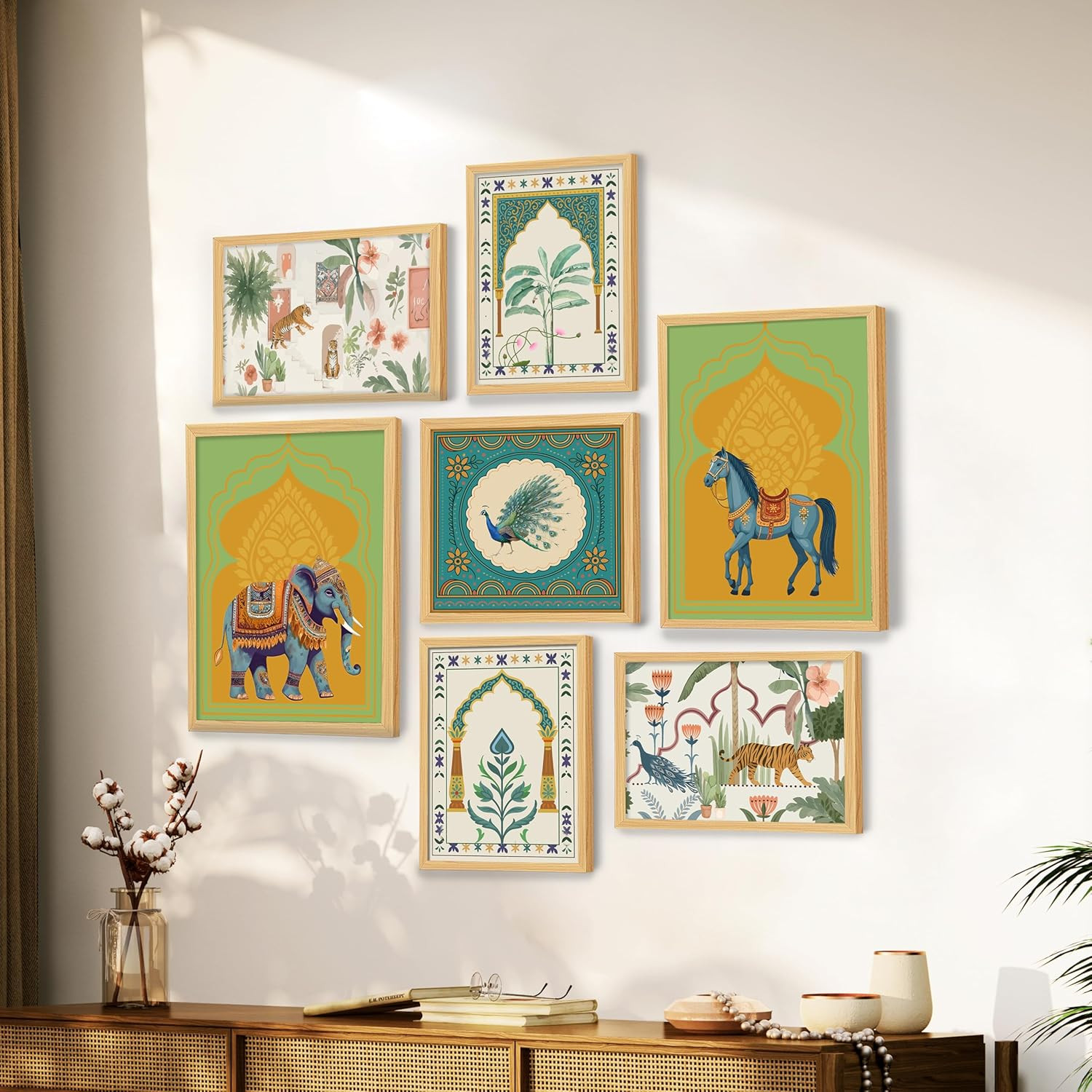 PAINTINGMANTRA Animal Botanicals Indian Art Wall Art Print Paintings For Home Décor set of 7 | Digital Framed Painting | Suitable for Living Room, Bedroom, Hallway, Office 30x42, 21x30, 30x30 cm