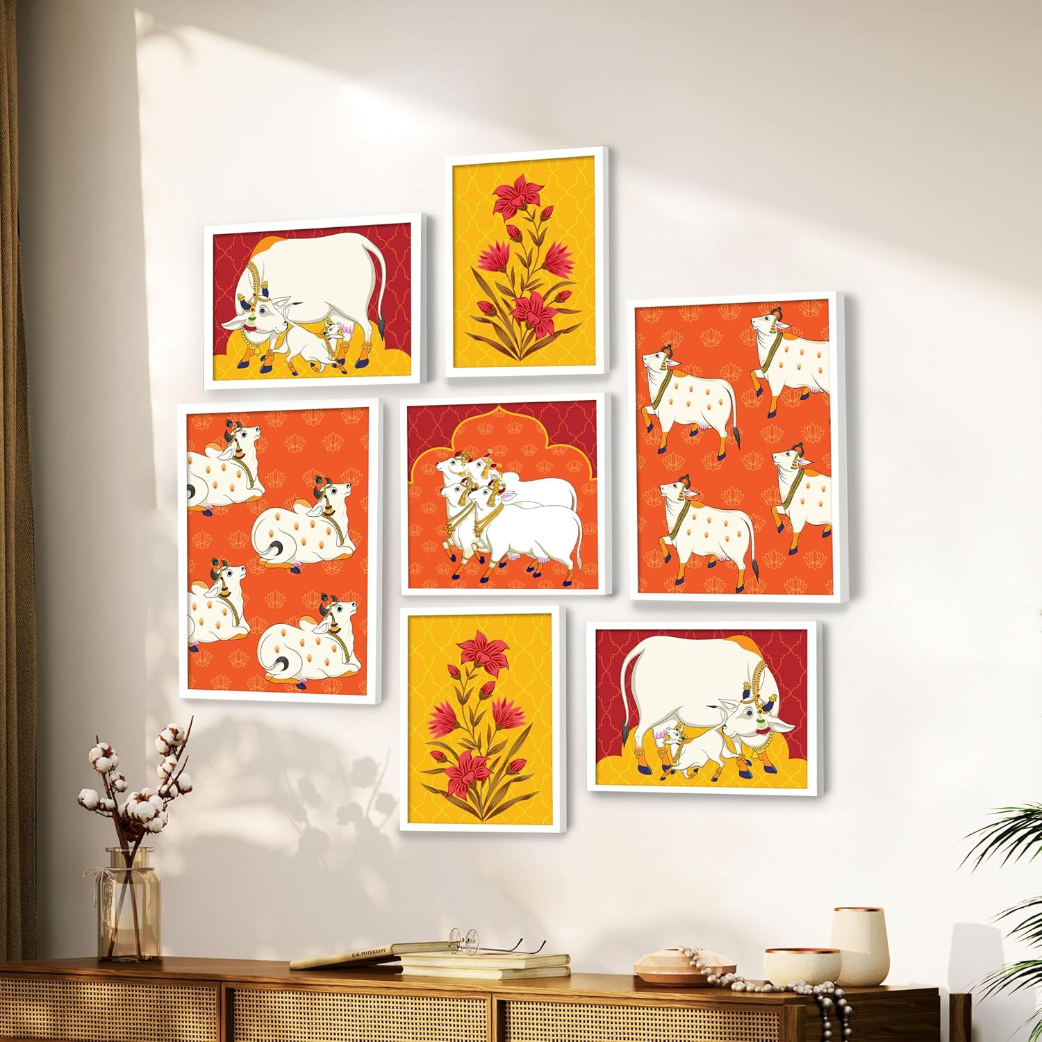 PAINTINGMANTRA Framed Painting Set of 7 Indian Wall Art Print Cow with Flower Theme Framed Vintage Poster for Home,Living room, Bathroom & Hotel Decor (Size: 9.3x12.7, 13x13 & 12.7x17.5 Inch)