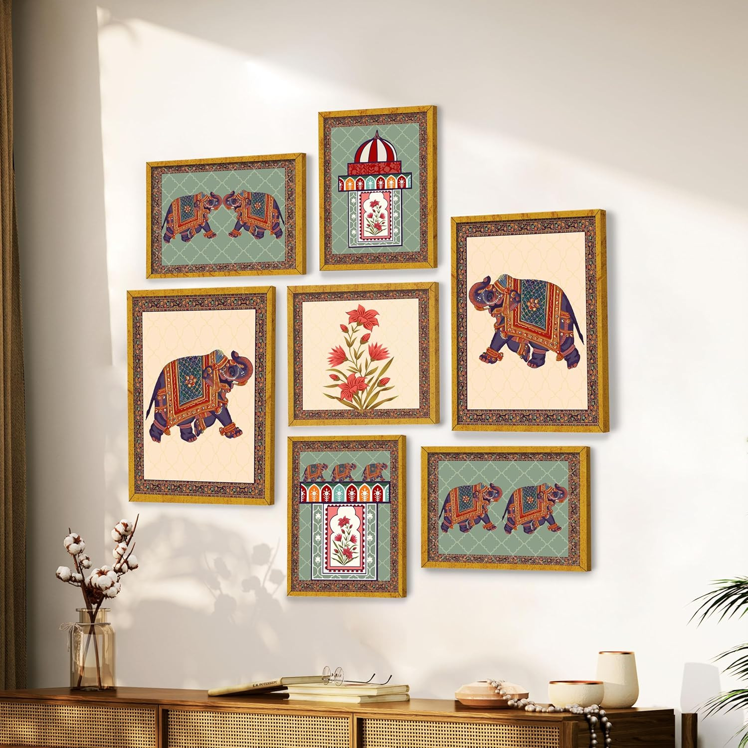 PAINTINGMANTRA Set of 7 Indian Wall Art Print Elephant with Flower Framed Vintage Poster For Home, Living room, Bathroom & Hotel Decor (Size: 9.3x12.7, 13x13 & 12.7x17.5 Inch)