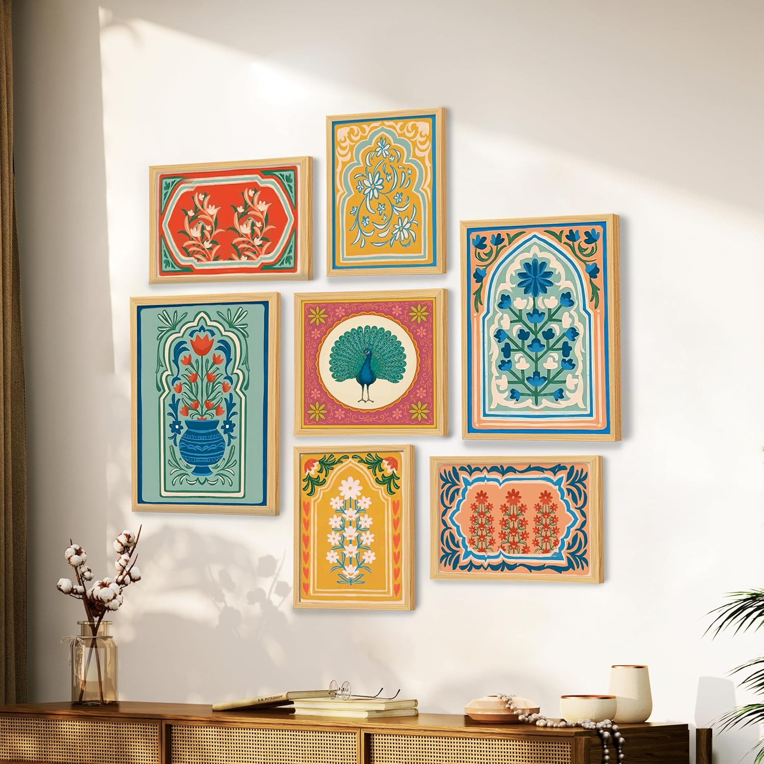PAINTINGMANTRA Floral peacock Indian Folk Art Wall Art Print Paintings For Home Décor set of 7 | Digital Framed Painting | Suitable for Living Room, Bedroom, Hallway, Office 30x42, 21x30, 30x30 cm