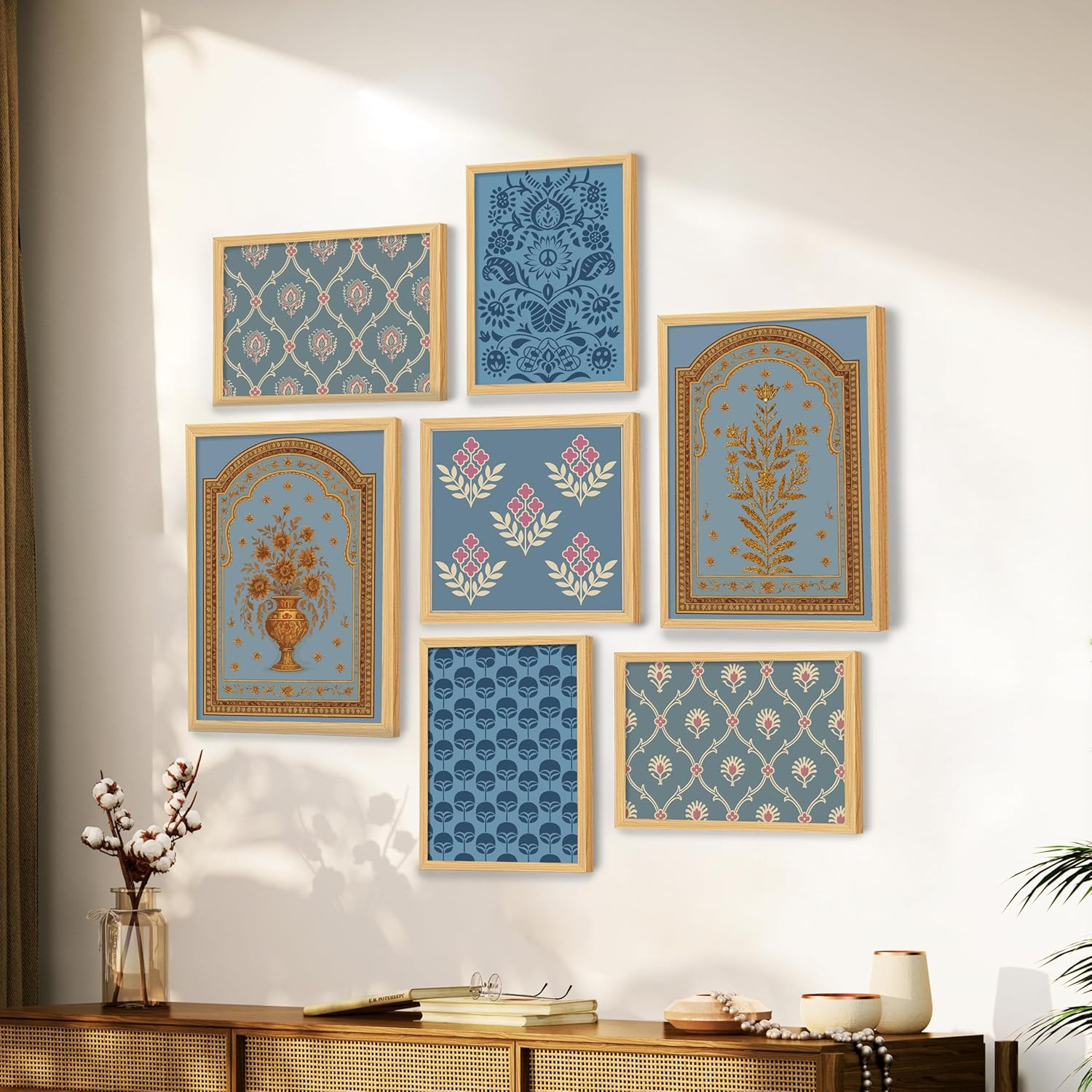 PAINTINGMANTRA Floral traditional Indian Art Wall Art Print Paintings For Home Décor set of 7 | Digital Framed Painting | Suitable for Living Room, Bedroom, Hallway, Office 30x42, 21x30, 30x30 cm