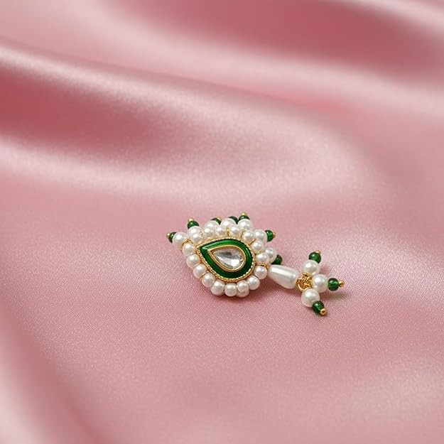 VAMA FASHIONS Gold Plated Maharastrian Marathi Pearl Nose Pin Clip on Nath Without Piercing Nosering Pressing Bridal Nathni Nosepin For Women