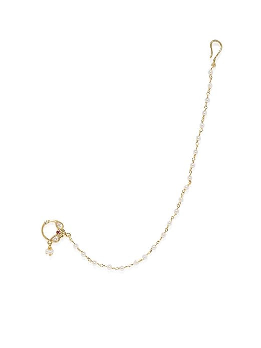 ACCESSHER Gold Plated Traditional and Ethnic Ruby Kundan Embellished Delicate Clip On/Non-Piercing Nose Ring/Nathani with Pearl Chain for Women, 30g (Pack of 1)