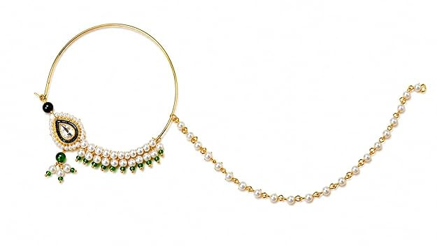 Bridal Nath for Women Beautifull Traditional Gold-Plated Nose Ring with Pearl Chain Wedding Nathiya Jewelry for Bride