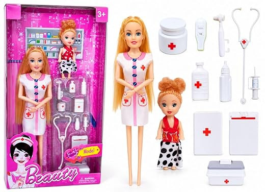 Doctor Doll Set with Medical Accessories for Girls | Pretend Play Nurse Doll & Child Doll Playset | 10+ Medical Tools Including Stethoscope, Thermometer & First Aid Box | Educational Role Play
