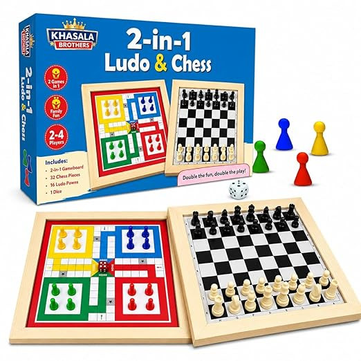 Khasala Brothers® 2 in 1 Wooden Chess and Ludo Educational Board Games 2-4 Players Family Dice Games Set Classic Double Sided Game Board for Kids & Adults (Chess & Ludo)
