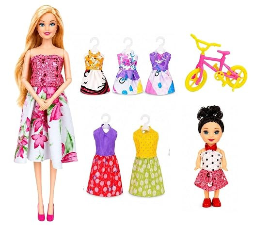 BKDT Marketing Beautiful Doll Toy for Girls with Moveable Arms Set of One Big Doll,& Small ,3 Small Dresses, 3 Big Dresses, Cycle (Doll with Accessories & Dresses)