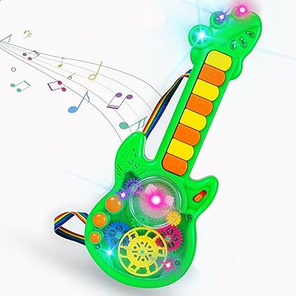 Gooyo GY-999-62 Musical Toy Guitar with 8 Keys & 3D Rotating Gear & Flashing Lights for Kids | Piano Guitar Toy for Gifts | Green | 3xAA Battery (Not Included)