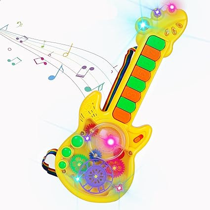 Gooyo GY-999-62 Musical Toy Guitar with 8 Keys & 3D Rotating Gear & Flashing Lights for Kids | Piano Guitar Toy for Gifts | Yellow | 3xAA Battery (Not Included)