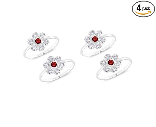 Toe Ring Artificial Sterling Silver Red Stone Abstract Pattern Design Toe Ring Adjustable Jewelry for Women. Set of 2 Pairs Toerings. (022-2PAIRS)