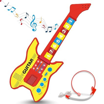 Gooyo GY-8191 Stringless Musical Guitar Toy for Kids | Number Keys Musical Toy | Included Microphone | Rhythm, Tone, Sample Function | Power Source: 3xAA Batteries (Not Included) (Yellow)