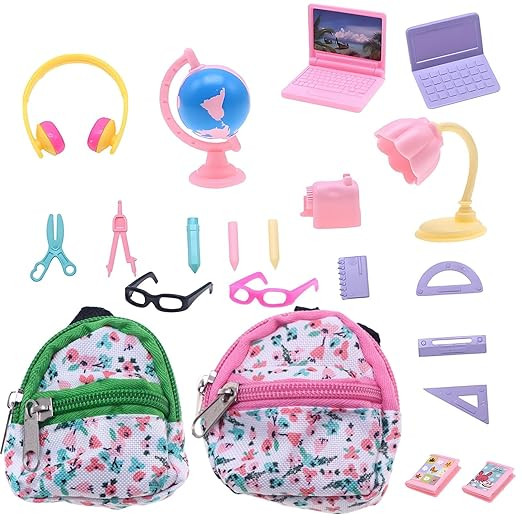 21 Pcs Mini Dollhouse Accessories, 2 Mini Backpacks, Mini Learning Set withs Glasses, Ruler, etc, Colorful and Durable for Dollhouse Decoration Learning and Office Scenes