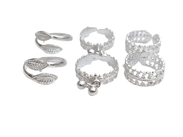 Silver-Tone Toe Ring Set, Adjustable Open Band, Leaf and Crown Design, Pack of 6