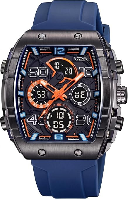 V2A Impact-AXON 3103 Analog-Digital Watch for Men | Unique Tonneau Case & Multi-Layered Dial Design | Bold Fashion Performance Watch with 3 Time Zones, Countdown, 50M Water Resistance & Backlight