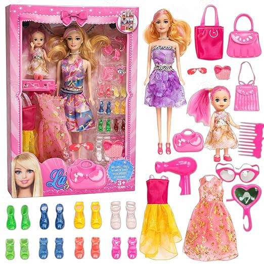 SHAKTISM Doll Set for Girls with Makeup, Dress, Accessories, Wardrobe Closet, Hangers, Necklace, Multicolor, 3 Years and Up (Layana Doll with Babby)
