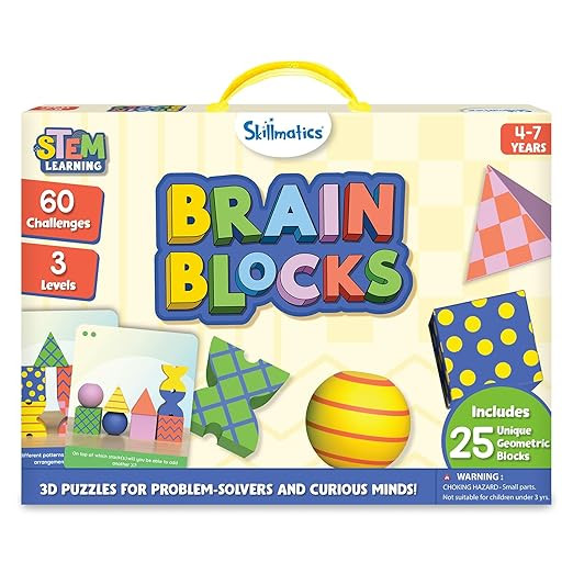 Skillmatics Brain Blocks, 3D Early STEM Building Blocks Game for Kids, Shapes, Balance & Pattern Play, 3 Levels of Challenge Cards, Screen-Free Learning Toy, Gift for Boys & Girls Ages 4, 5, 6, 7