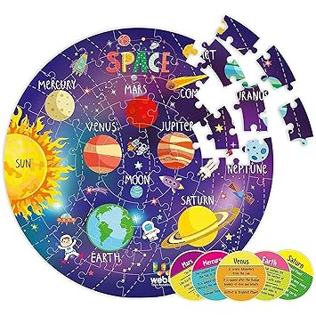 Webby Outer Solar System Floor Puzzle 60 Pieces Space Educational Jigsaw Puzzle with 4 Double Sided Flashcards for Kids (Multicolour)