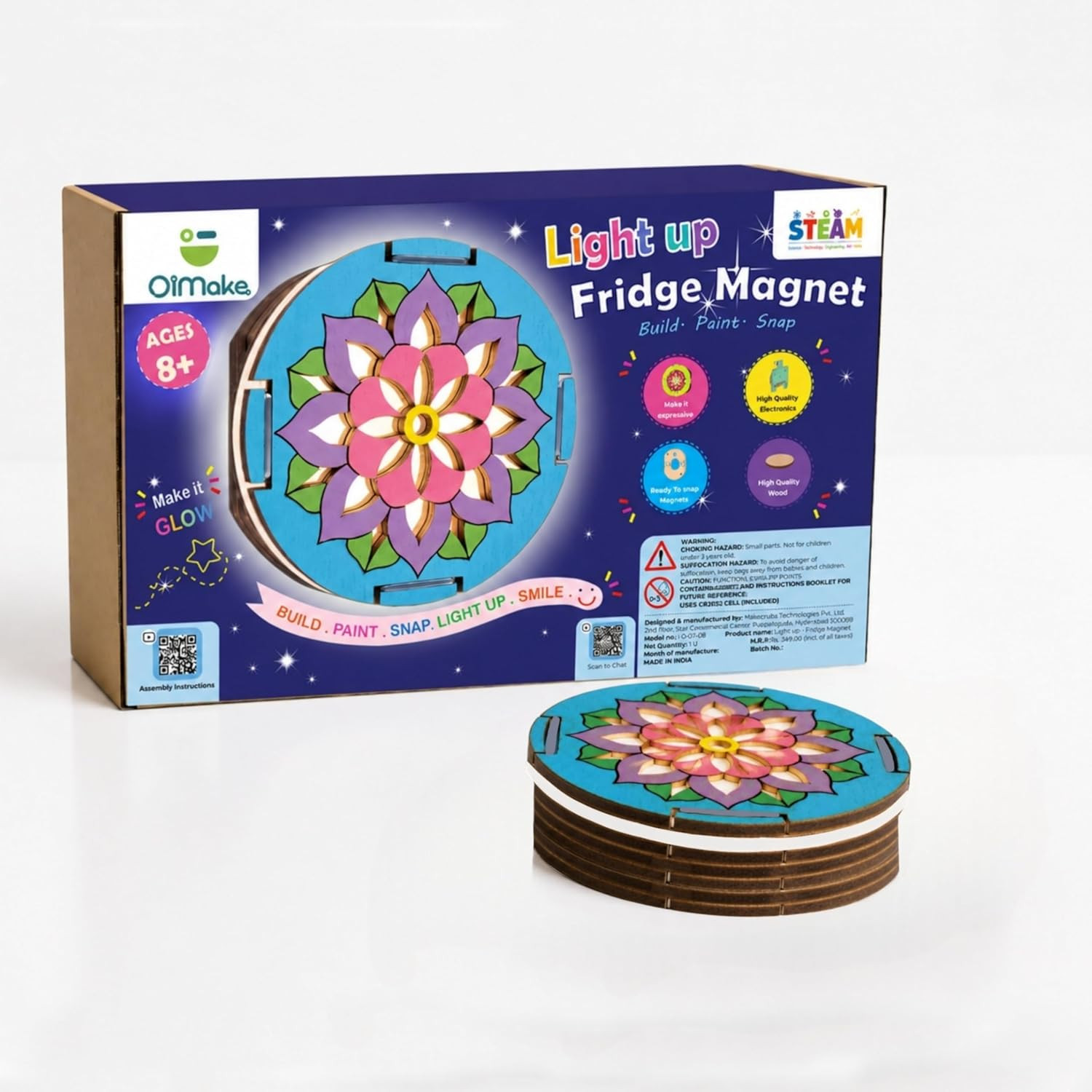 OIMake DIY LED Fridge Magnet Kit | STEM Building Activity for Kids Ages 8+ | 5 LEDs | Electric Kit | Engraved Wooden MDF | Mandala Creative Art and Paint Project | Return Gift |