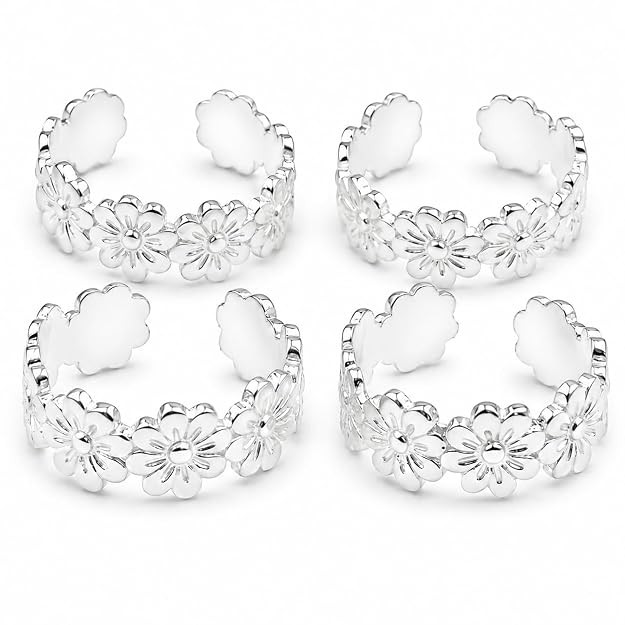 Silver-Tone Floral Toe Rings | Open Band Daisy Design, Adjustable, Set of 4