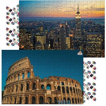 Roman Colosseum & Manhattan Skyline 300 Piece Wooden Jigsaw Puzzle Combo Pack | 2 Educational Brain Games for Kids & Adults | Includes Sorting Trays & HD Posters | Age 8+