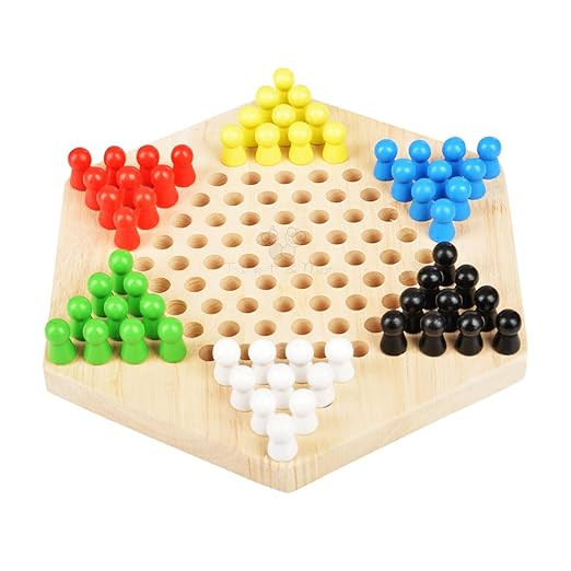 Wooden Chinese Checkers Board Game with Wooden Marbles, Hexagon, Family Game for Adults and Kids, Ages 3+
