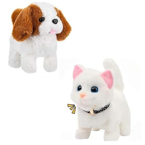 Walking and Barking Dog Soft Puppy Toy for Kids Battery Operated Plush That Walks & Moves Tail Interactive Cute Toy Gift for Girls & Boys (Dog NAD cat)
