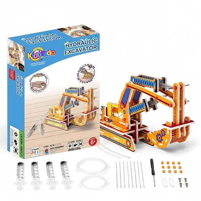 Kidorado DIY Hydraulic Excavator STEM Building Kit for Kids Age 6+ | Build Your Own Moving Excavator Toy | Science Construction Learning Set | Educational Hydraulic Puzzle Gift for Boys Girls (Hydraulic Excavator)