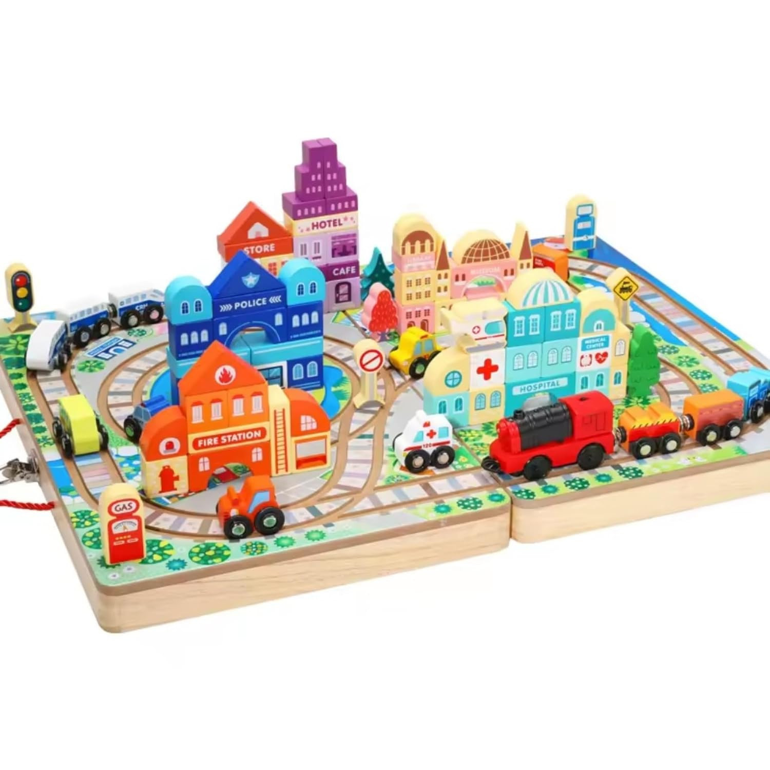 Wooden Building Blocks City & Electric Train Set | Montessori Pretend Play Construction Toy with Tracks, Vehicles & Accessories | STEM Learning Toy for Kids 3–7 Years
