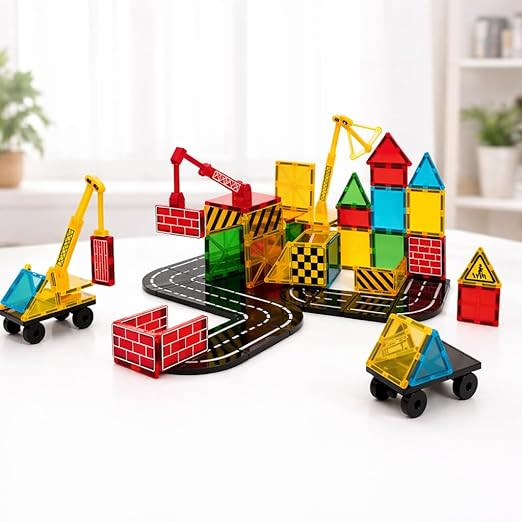 35 PCS Magnetic Tiles Construction Building Blocks Set with Crane | Colorful Magnetic Blocks | STEM Educational Learning Toy for Kids Boys & Girls Age 3+
