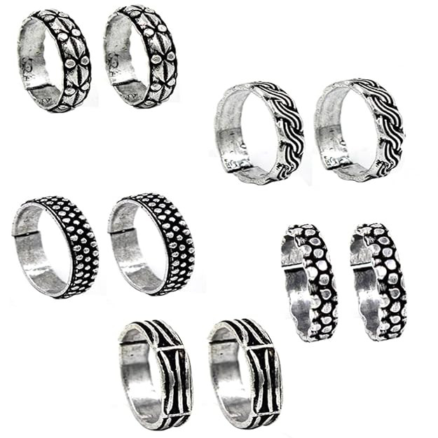 GURJARI JEWELLERS Toe Rings | Traditional Silver Oxidised Toe Rings Set | Bichiya for women Combo | Accessories Jewellery |Boho Mid Finger Ring Combo | Evil Eye & Multicolor Beads