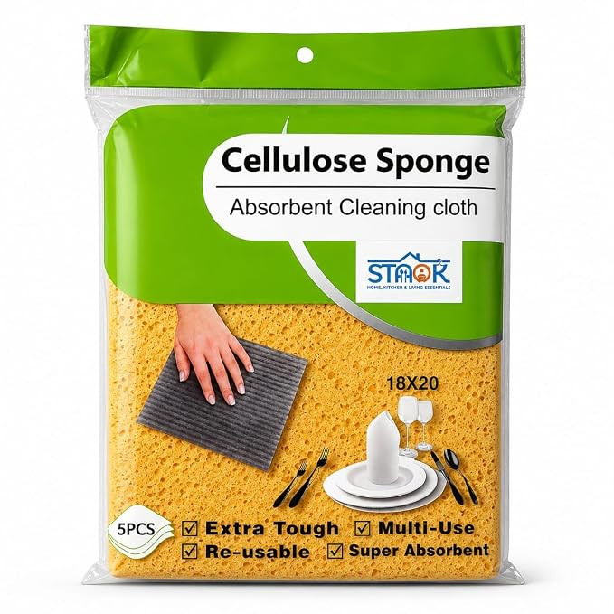 Sponge Wipes (Pack of 5), Cleaning Sponge |Reusable,Biodegradable, Lint-Free,Kitchen & House Cleaning Wipes, Absorbs Water by 10x of Weight, Multicolor, Size 20 x18