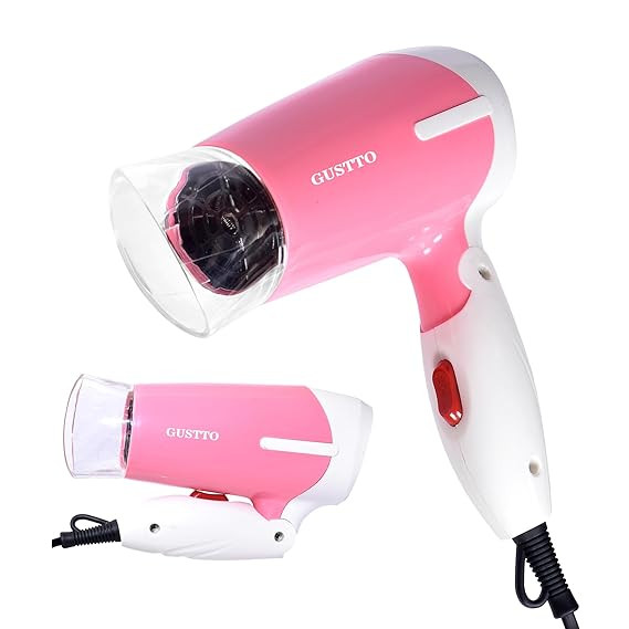 GUSTTO Foldable Hair Dryer 1100W | Compact Travel-Friendly Hair Dryer with Foldable Handle, Hanging Ring, 2 Heat & Speed Settings, Lightweight & Portable (Dazzling Pink), BIS Certified