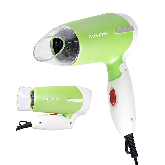 GUSTTO Foldable Hair Dryer 1100W | Compact Travel-Friendly Hair Dryer with Foldable Handle, Hanging Ring, 2 Heat & Speed Settings, Narrow Concentrator, Lightweight & Portable (Lush Green), BIS Certified