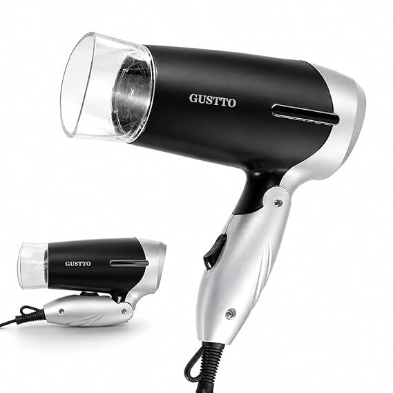 GUSTTO Foldable Hair Dryer 1100W | Compact Travel-Friendly Hair Dryer with Foldable Handle, Hanging Ring, 2 Heat & Speed Settings, Lightweight & Portable (Satin Black), BIS Certified