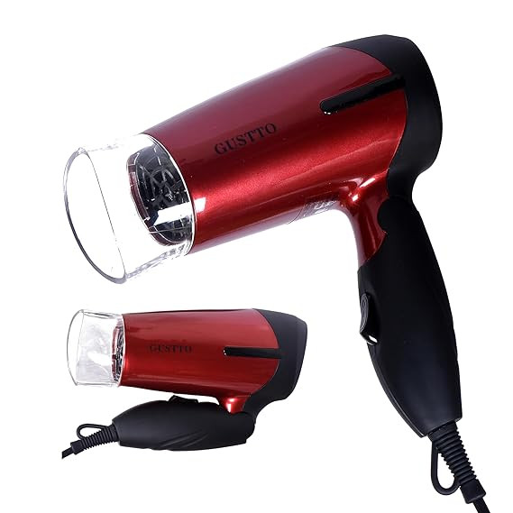 GUSTTO Foldable Hair Dryer 1100W | Compact Travel-Friendly Hair Dryer with Foldable Handle, Hanging Ring, 2 Heat & Speed Settings, Lightweight & Portable (Wine Red), BIS Certified