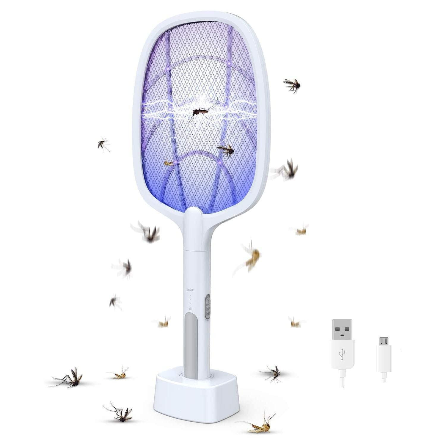 Mosquito Killer Racket Bat, 2 in 1 Electric Fly Swatter, 1200mAh Rechargeable Battery, UV Light Lamp, Handheld Bug Zapper