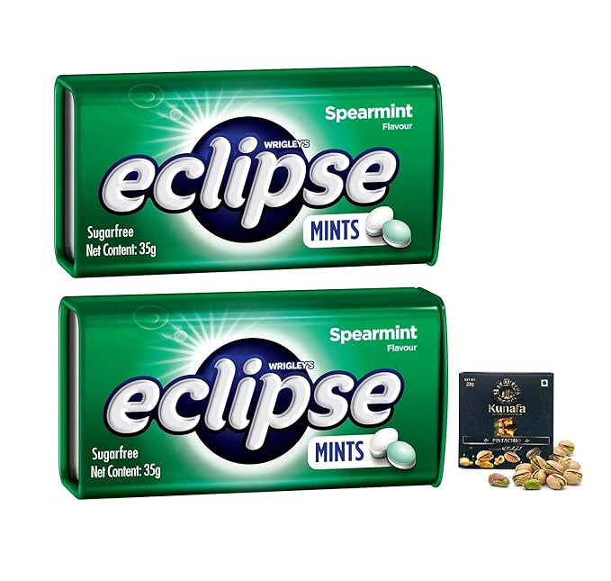 Eclipse Sugar Free Mints Spearmint Flavor – Long-Lasting Fresh Breath Candy in Handy Travel Pack 35g Each Tin Pack of 2 (Imported) with Free Flavourito Kunafa Pistachio Chocolate Bar, 20g By Decadent Foods