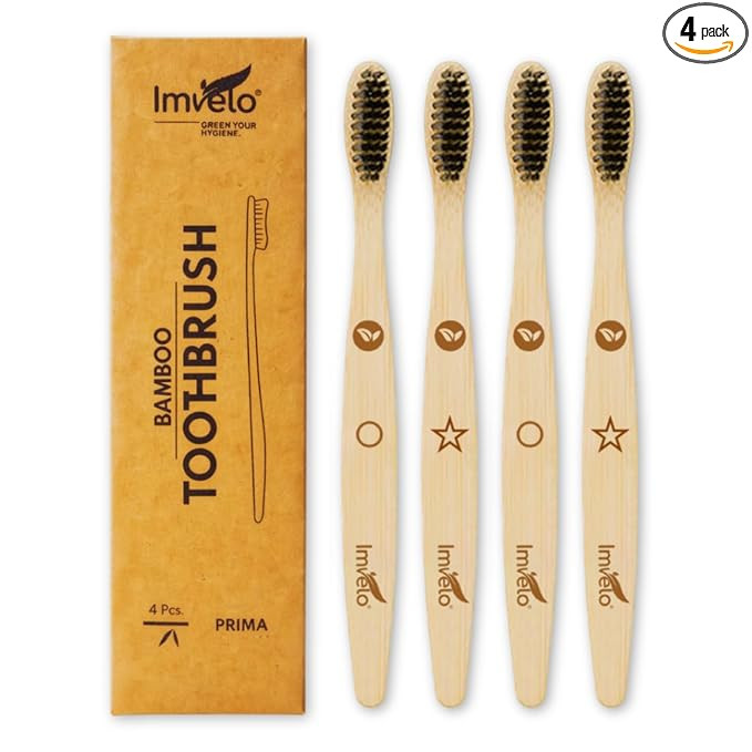 Bamboo Toothbrush | Adult, Pack Of 4 | Charcoal Activated | Soft Bristles Brush Toothbrush| Natural & Ecofriendly Oral Care | Biodegradable Wooden Manual Toothbrush