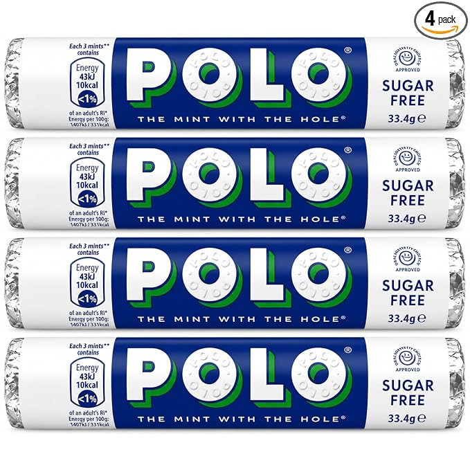 NESTLE - Polo Sugar Free White Mint Rolls (4 x 33.4g Tubes) By COUGAR | Refreshing Mints Candy with Smooth Cool Flavor | Classic Mint with The Hole | Pocket Friendly Sugar Free Breath Freshener Candy – (Imported-UK)