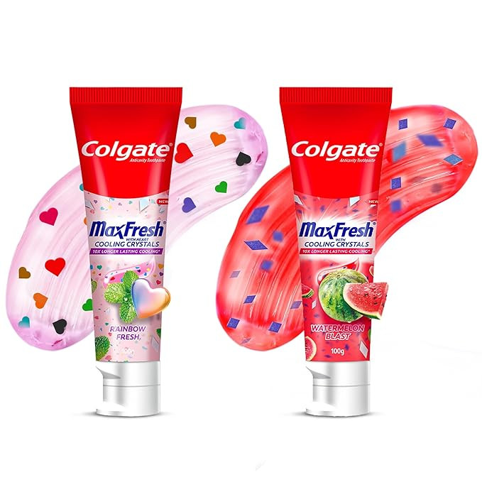 Colgate MaxFresh Rainbow Fresh Gel Toothpaste with Heart Shaped Cooling Crystals, Triple Mint Flavour, 100g & MaxFresh Watermelon Blast Gel Toothpaste with Cooling Crystals, 100g for Intense Freshness