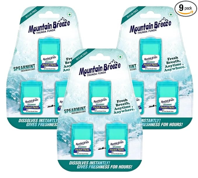 Mountain Breeze Sugar-Free Spearmint Fresh Breath Strips Blister (24 Strips Each) Pack of 9