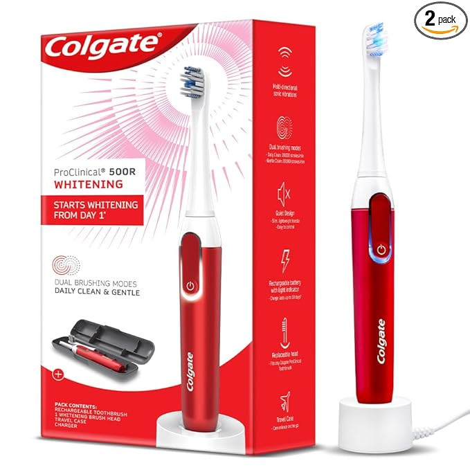 Colgate Proclinical 500R Whitening Rechargeable Sonic Toothbrush, Electric Toothbrush with Soft & Spiral Bristles, Dual-Brushing Mode (With Replaceable Brush Head, Charger, and Travel Case Included)