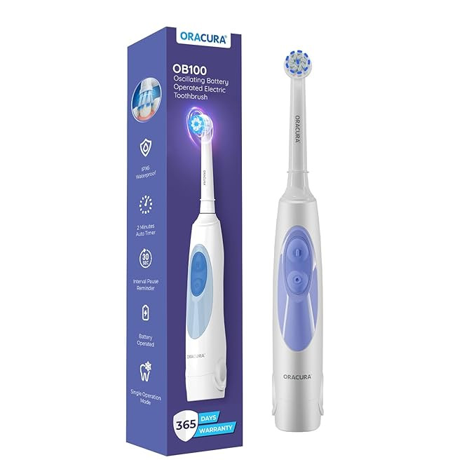 Oracura OB100 Oscillating Electric Toothbrush for Men & Women – Battery Operated, 1 Brush Head Included, IPX6 Water Resistant - White