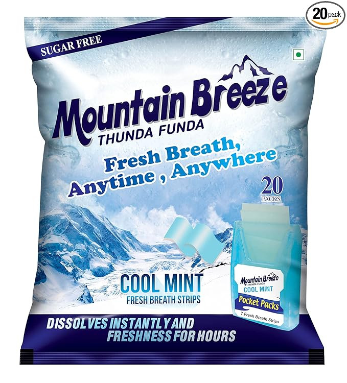 Mountain Breeze Sugar-Free Coolmint Fresh Breath Strips – Pack of 20 (7 Strips Each) | Instant Mouth Freshener | Pocket-Friendly | Long-Lasting Cool Mint Flavor NEW