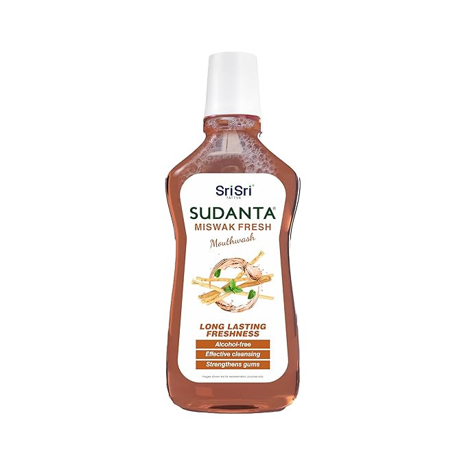 Sri Sri Tattva Sudanta Miswak Fresh Mouthwash | Ayurvedic Oral Rinse for Long-Lasting Freshness | Alcohol-Free | Strengthens Gums, Effective Cleansing, Natural Mint Flavor | 250ml